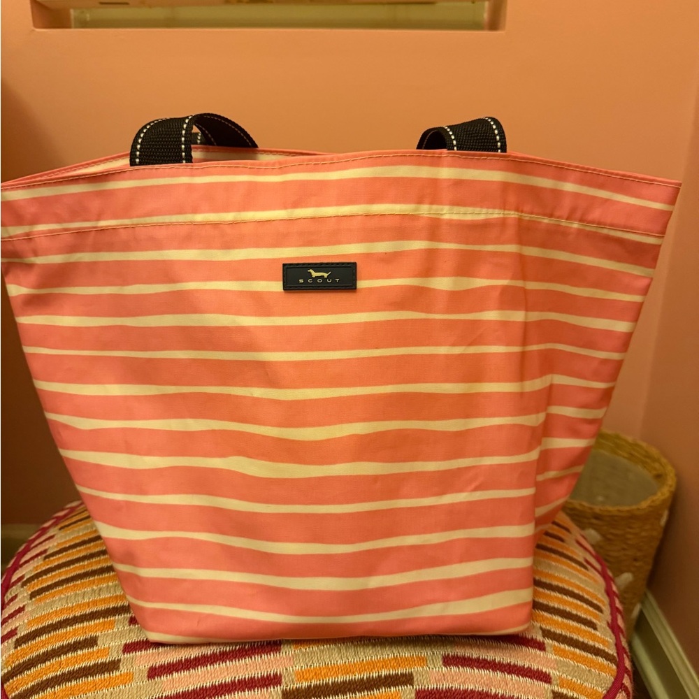 Scout pink and white Striped Tote with Black Handles